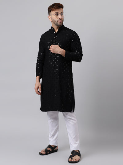 Hangup Men's Ethnic Embroidered Black Kurta