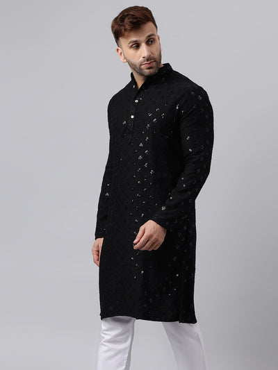 Hangup Men's Ethnic Embroidered Black Kurta