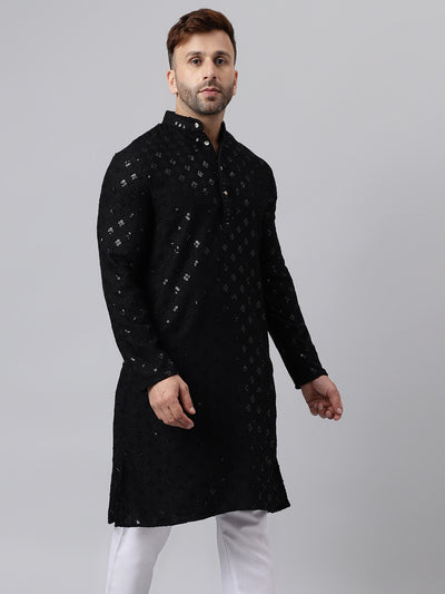 Hangup Men's Ethnic Embroidered Black Kurta