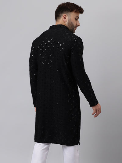 Hangup Men's Ethnic Embroidered Black Kurta