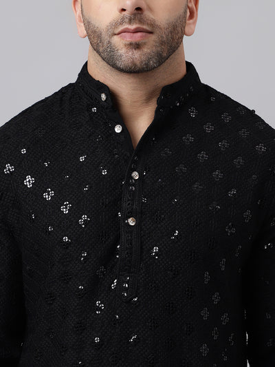 Hangup Men's Ethnic Embroidered Black Kurta