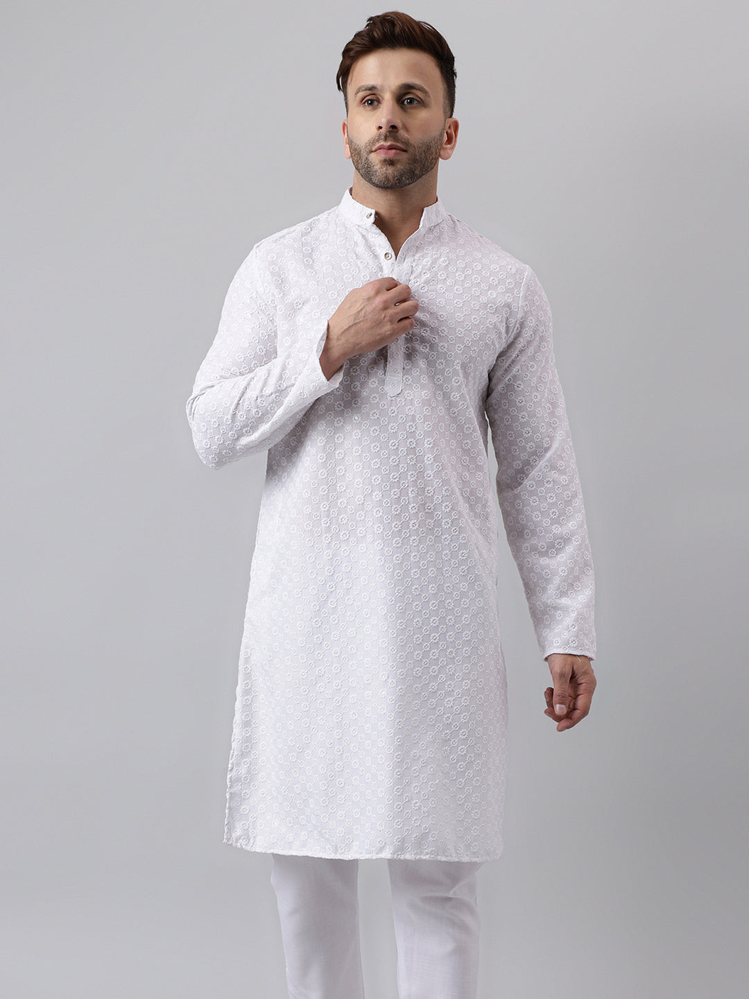 Hangup Men's Ethnic Embroidered White Kurta