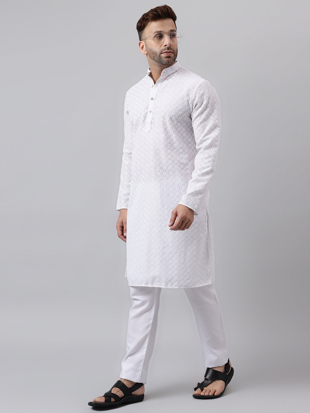 Hangup Men's Ethnic Embroidered White Kurta