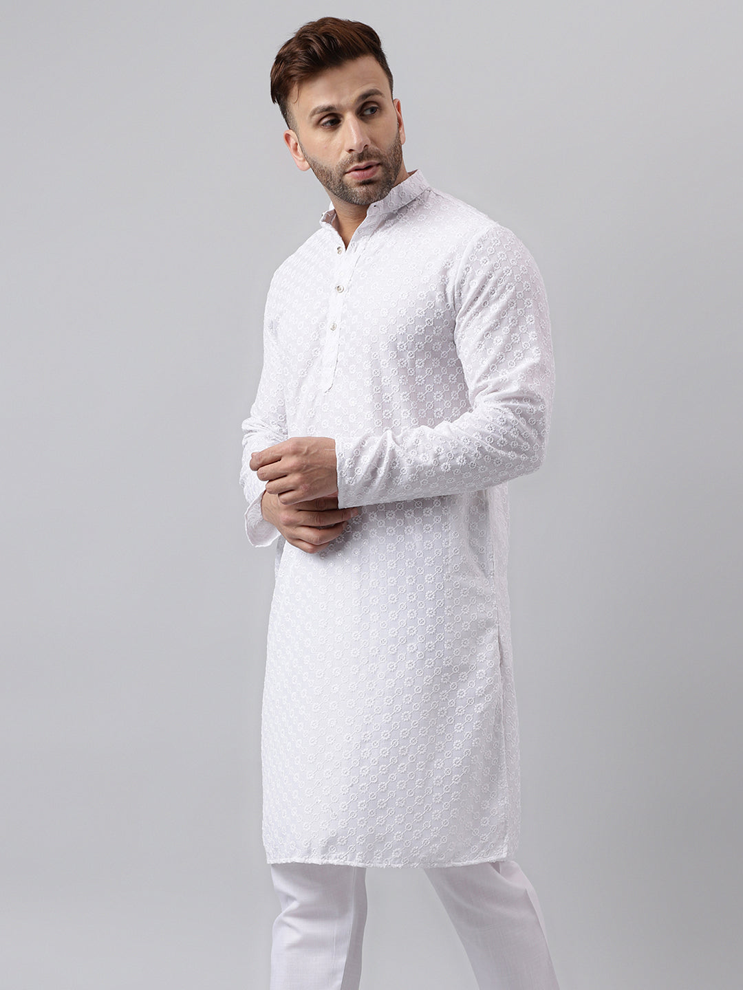 Hangup Men's Ethnic Embroidered White Kurta