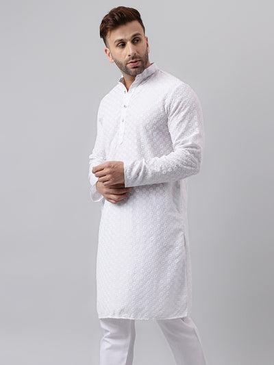 Hangup Men's Ethnic Embroidered White Kurta