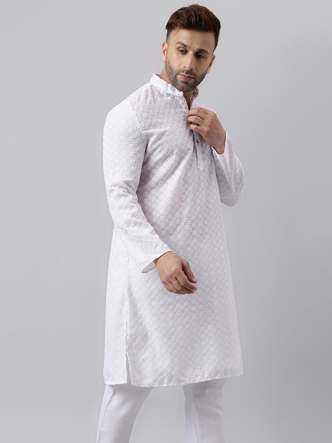 Hangup Men's Ethnic Embroidered White Kurta