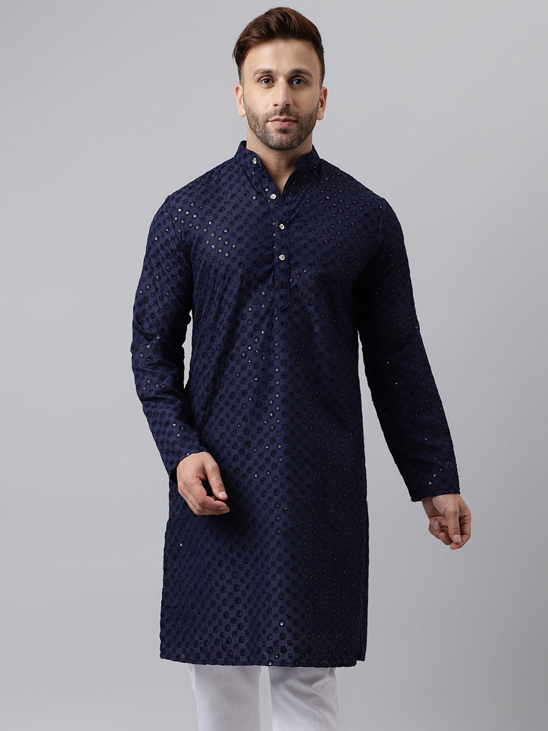 Hangup Men's Ethnic Embroidered Navy Kurta