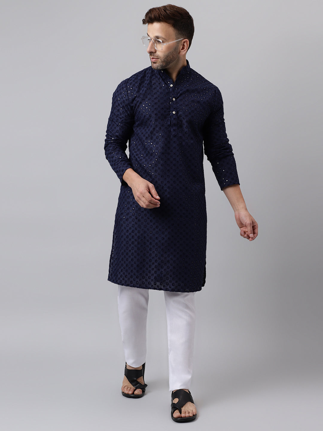 Hangup Men's Ethnic Embroidered Navy Kurta