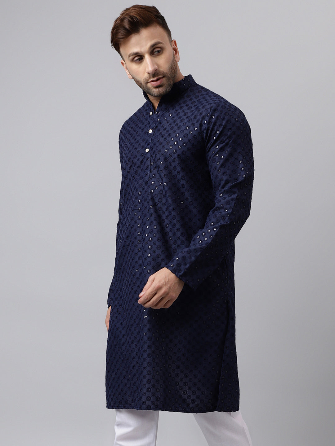 Hangup Men's Ethnic Embroidered Navy Kurta