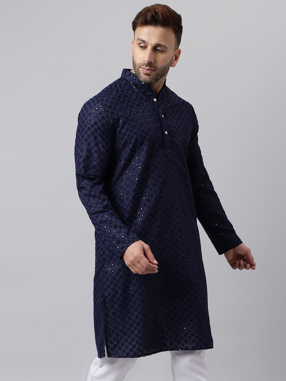 Hangup Men's Ethnic Embroidered Navy Kurta