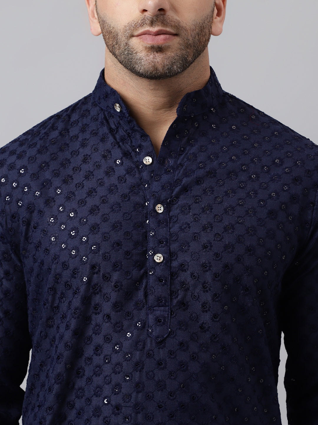 Hangup Men's Ethnic Embroidered Navy Kurta