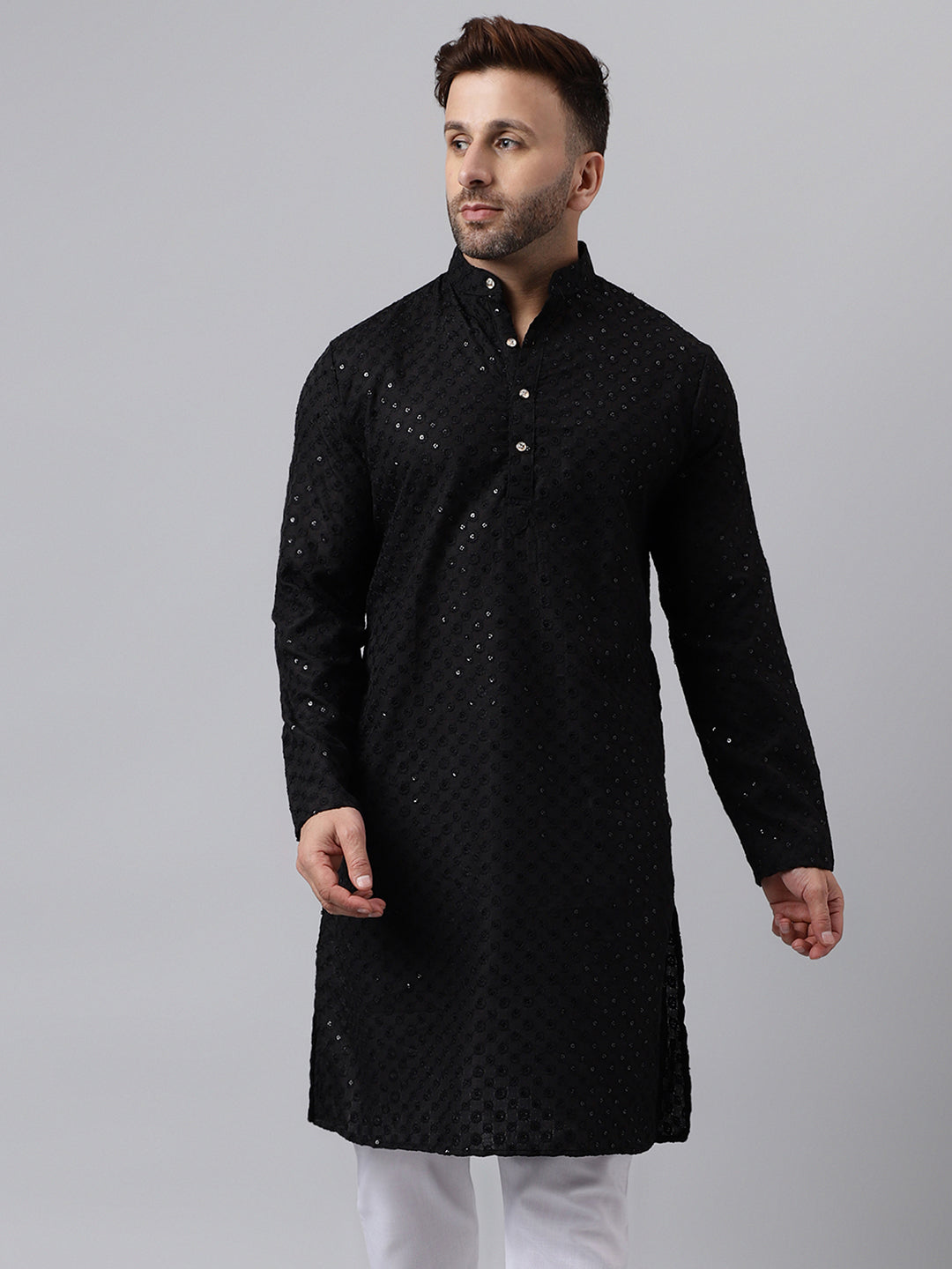 Hangup Men's Ethnic Embroidered Black Kurta