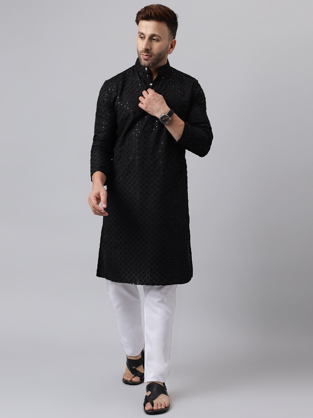 Hangup Men's Ethnic Embroidered Black Kurta