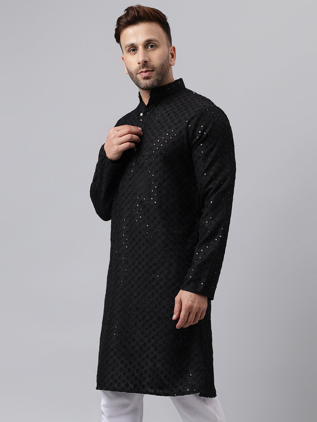 Hangup Men's Ethnic Embroidered Black Kurta