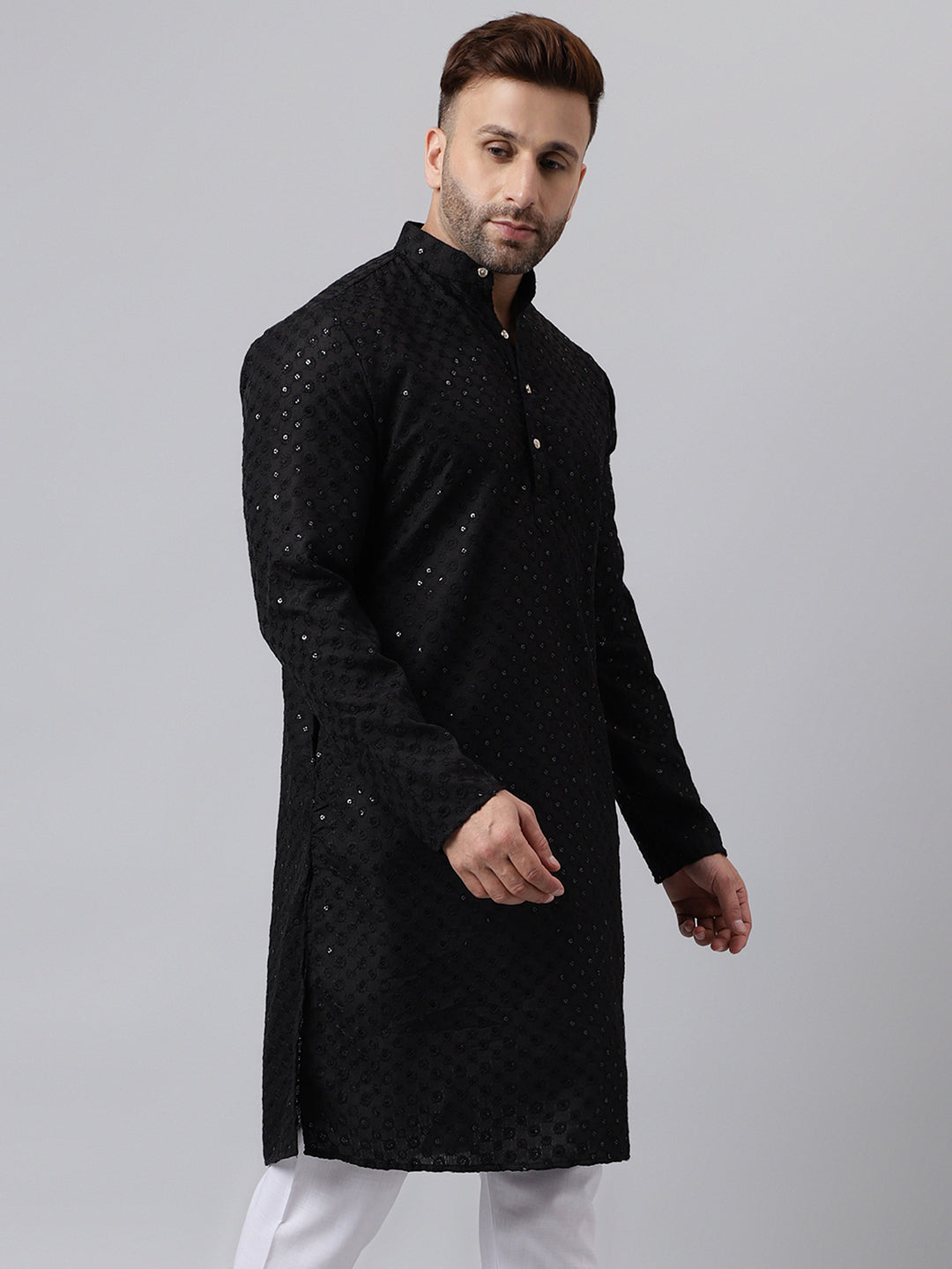 Hangup Men's Ethnic Embroidered Black Kurta