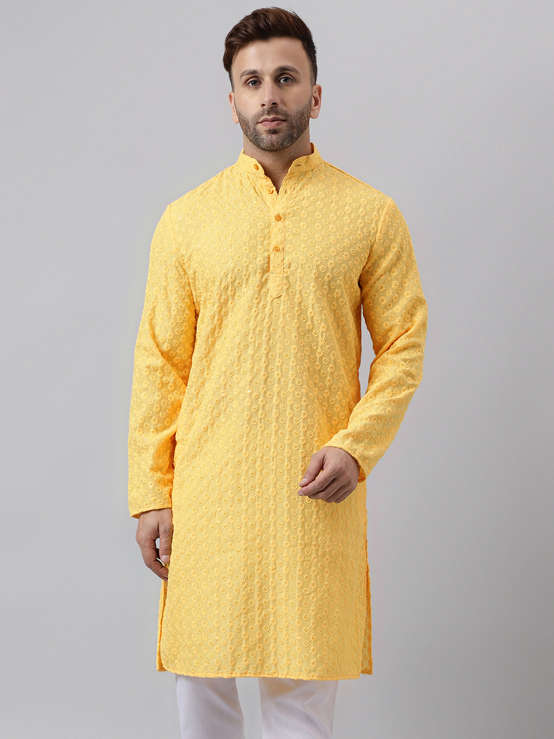 Hangup Men's Ethnic Embroidered Lemon Kurta