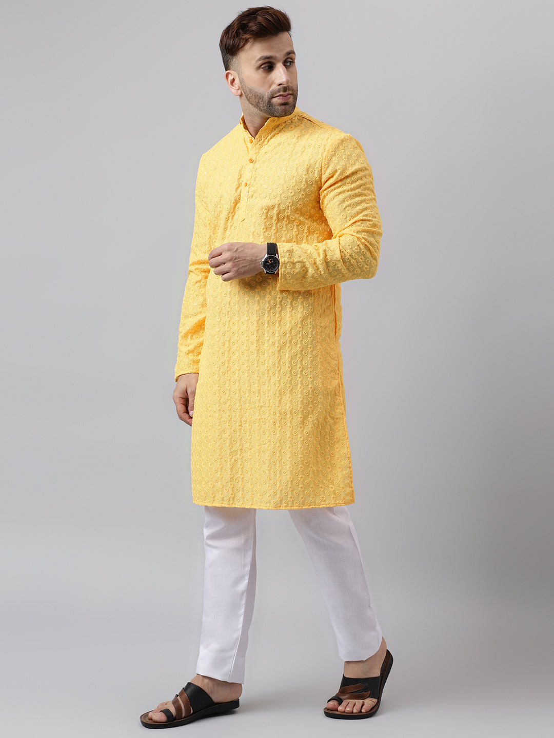 Hangup Men's Ethnic Embroidered Lemon Kurta