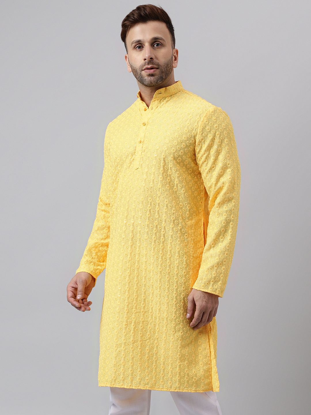 Hangup Men's Ethnic Embroidered Lemon Kurta