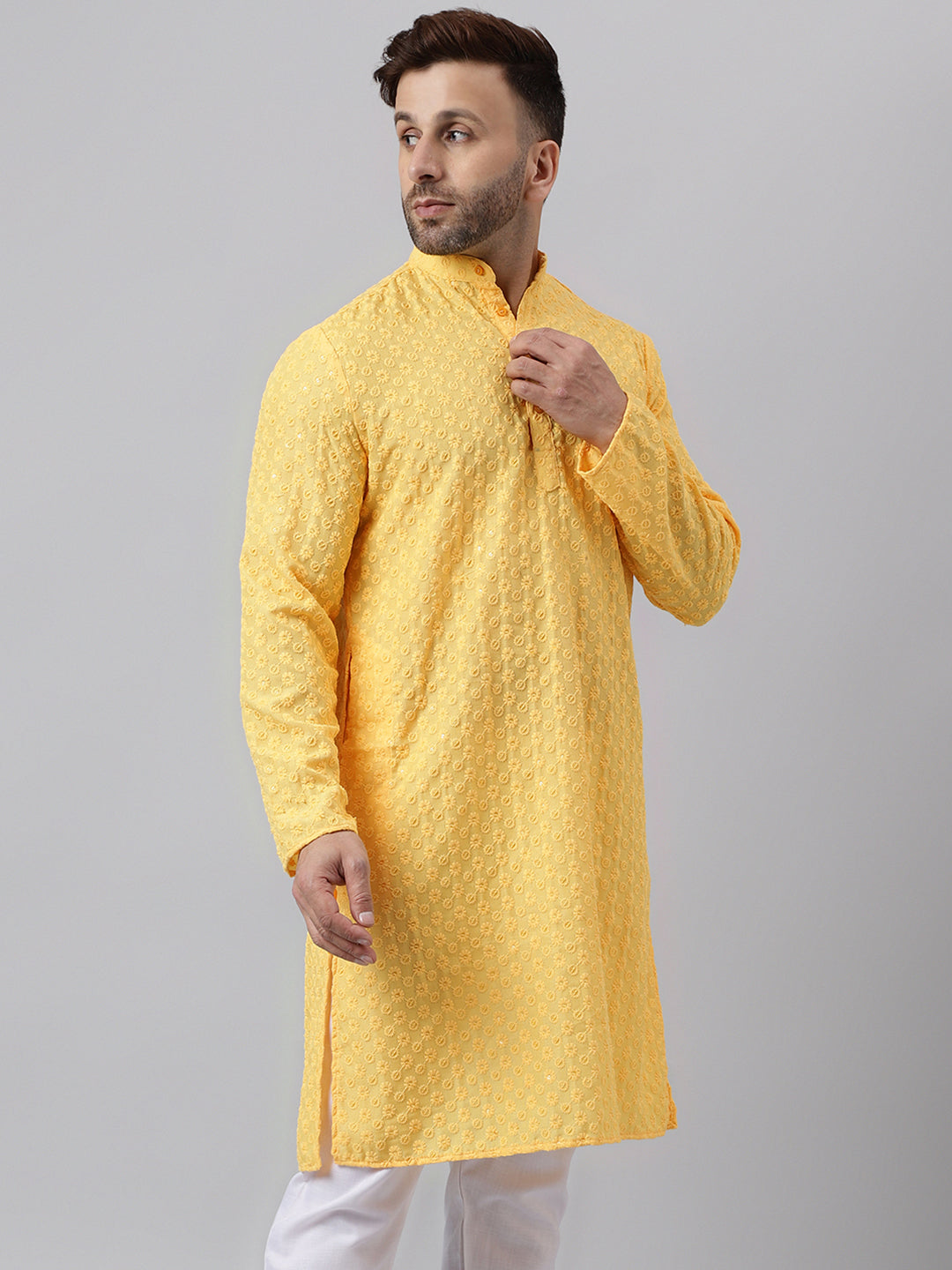 Hangup Men's Ethnic Embroidered Lemon Kurta