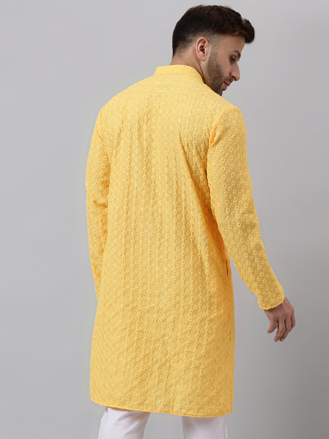 Hangup Men's Ethnic Embroidered Lemon Kurta