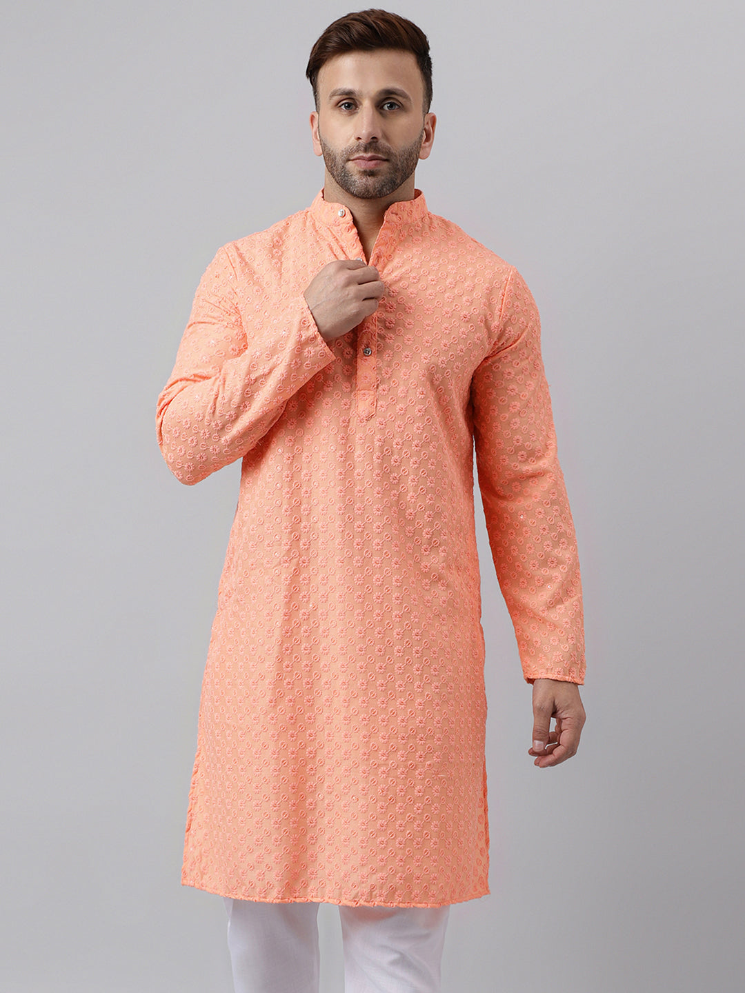 Hangup Men's Ethnic Embroidered Peach Kurta