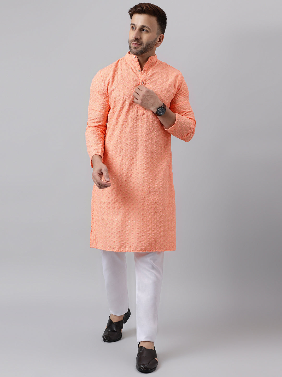 Hangup Men's Ethnic Embroidered Peach Kurta