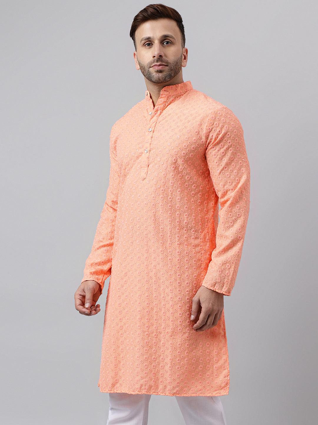 Hangup Men's Ethnic Embroidered Peach Kurta