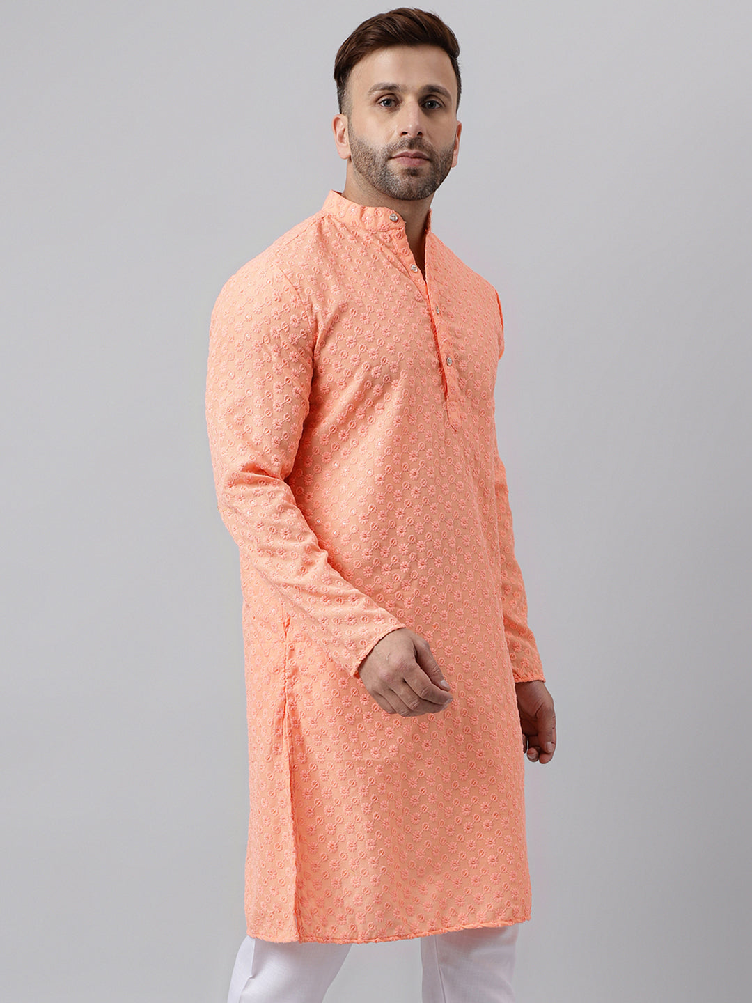 Hangup Men's Ethnic Embroidered Peach Kurta