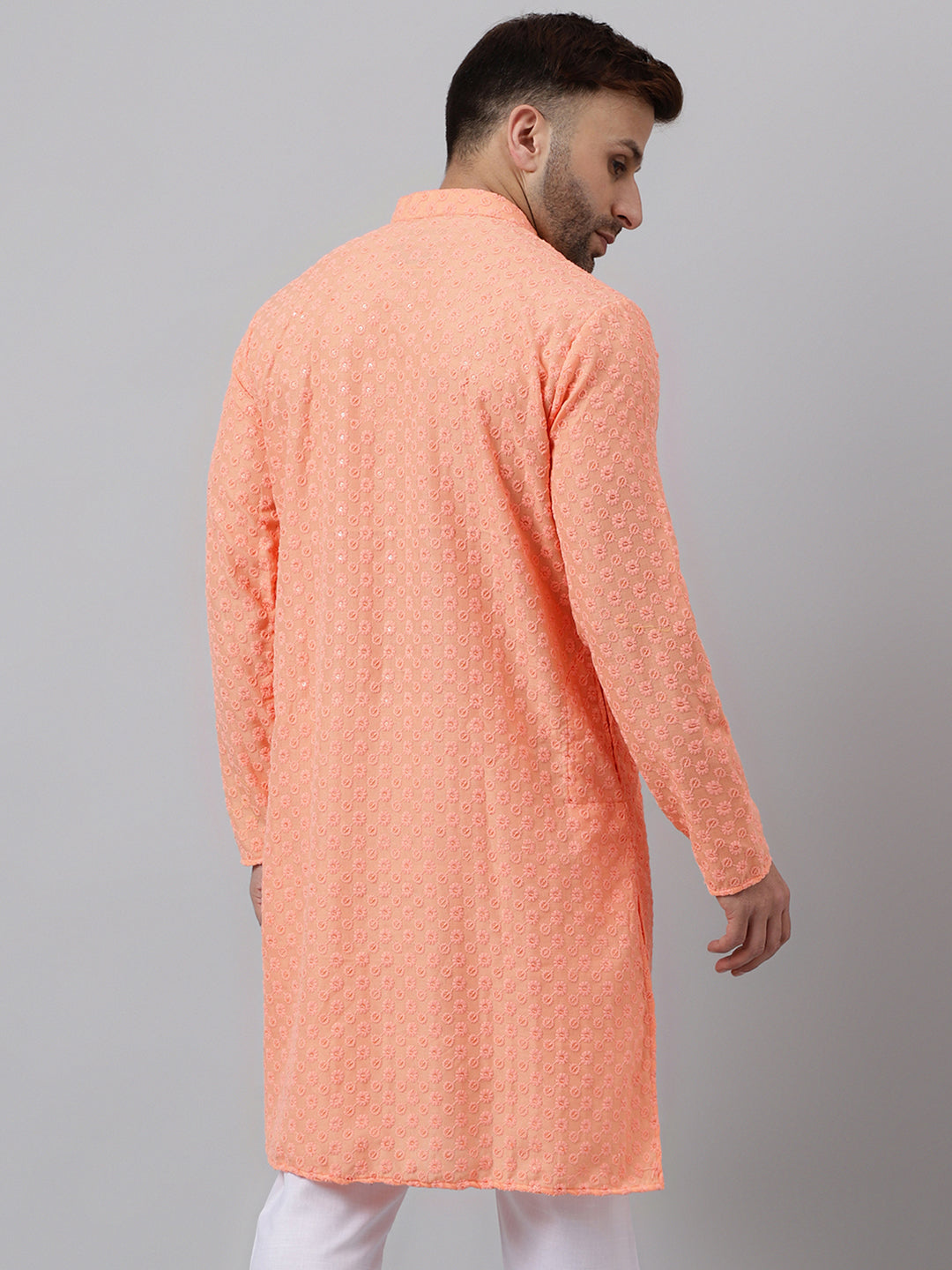 Hangup Men's Ethnic Embroidered Peach Kurta