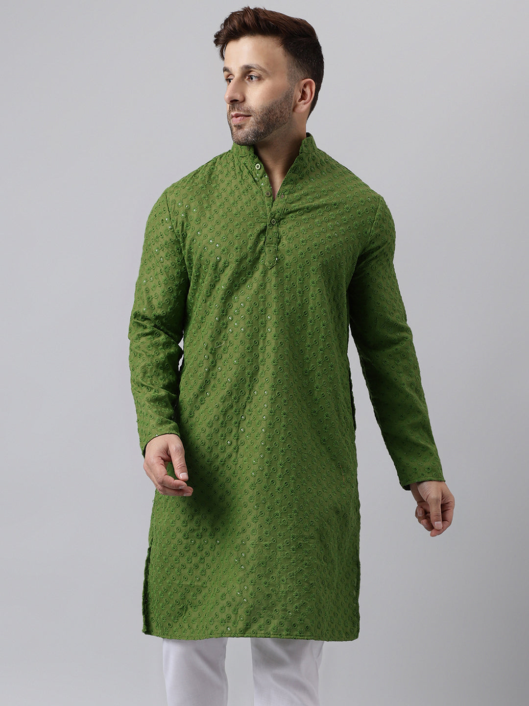 Hangup Men's Ethnic Embroidered Mehandi Green Kurta