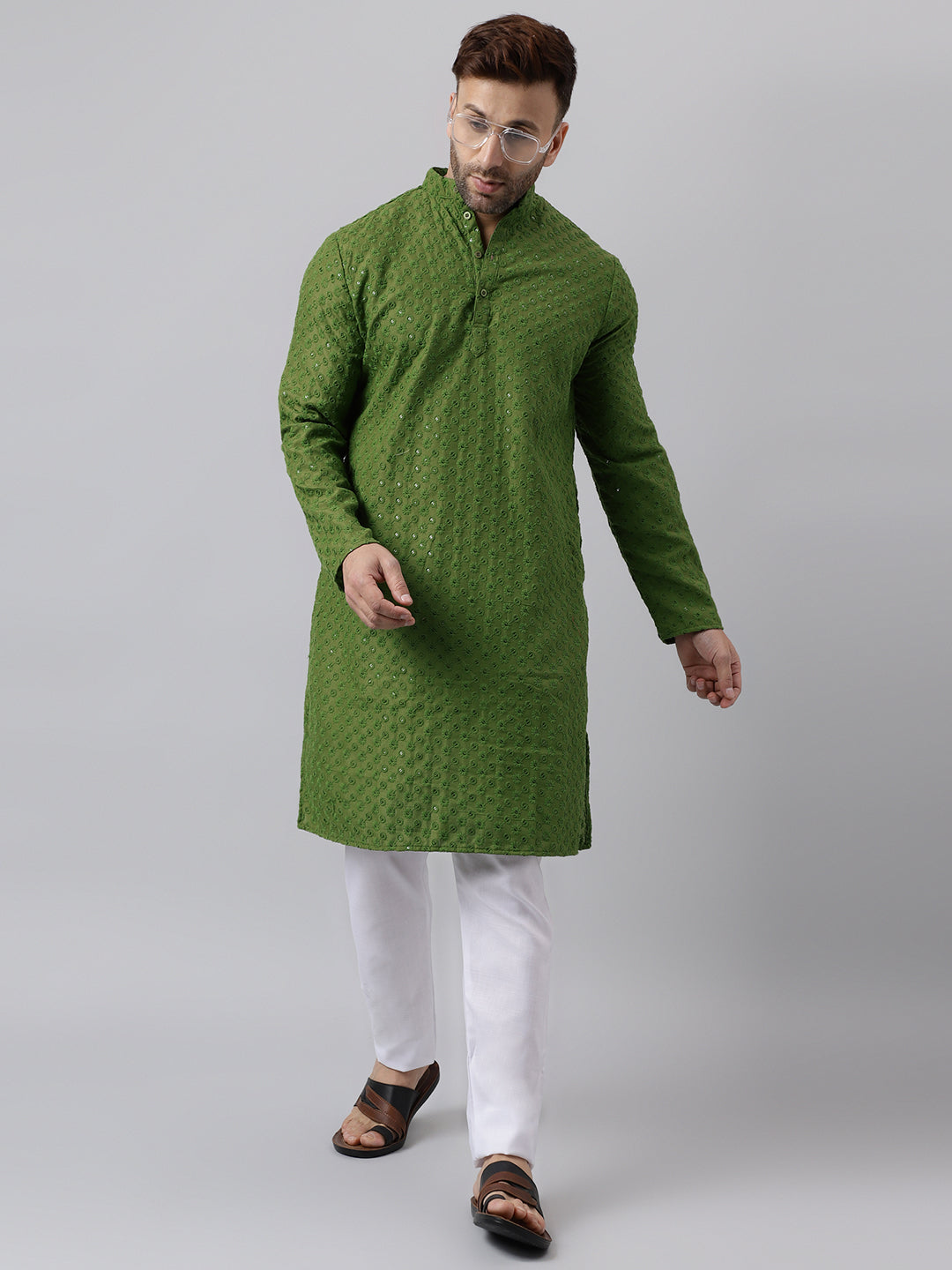 Hangup Men's Ethnic Embroidered Mehandi Green Kurta