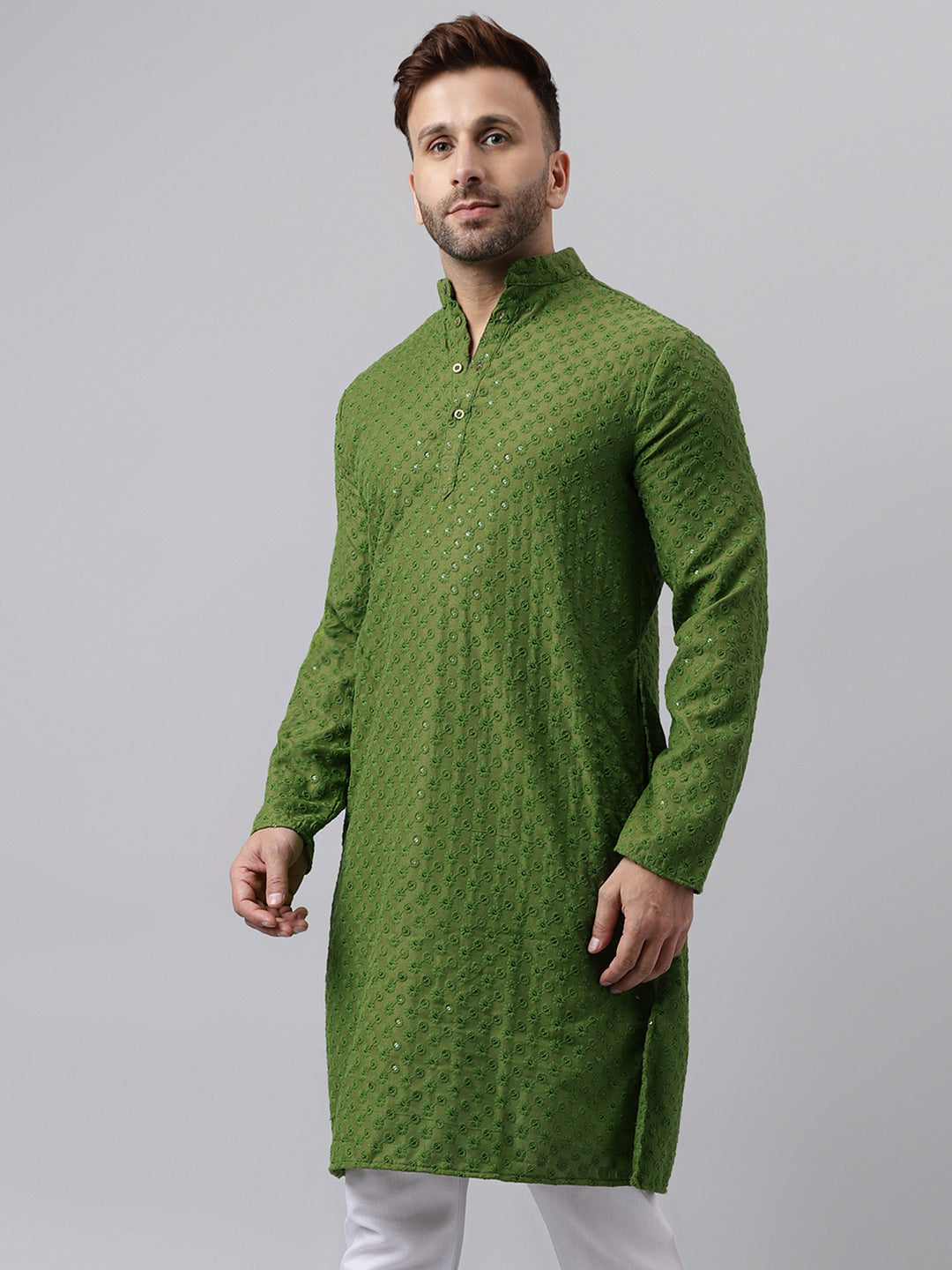 Hangup Men's Ethnic Embroidered Mehandi Green Kurta