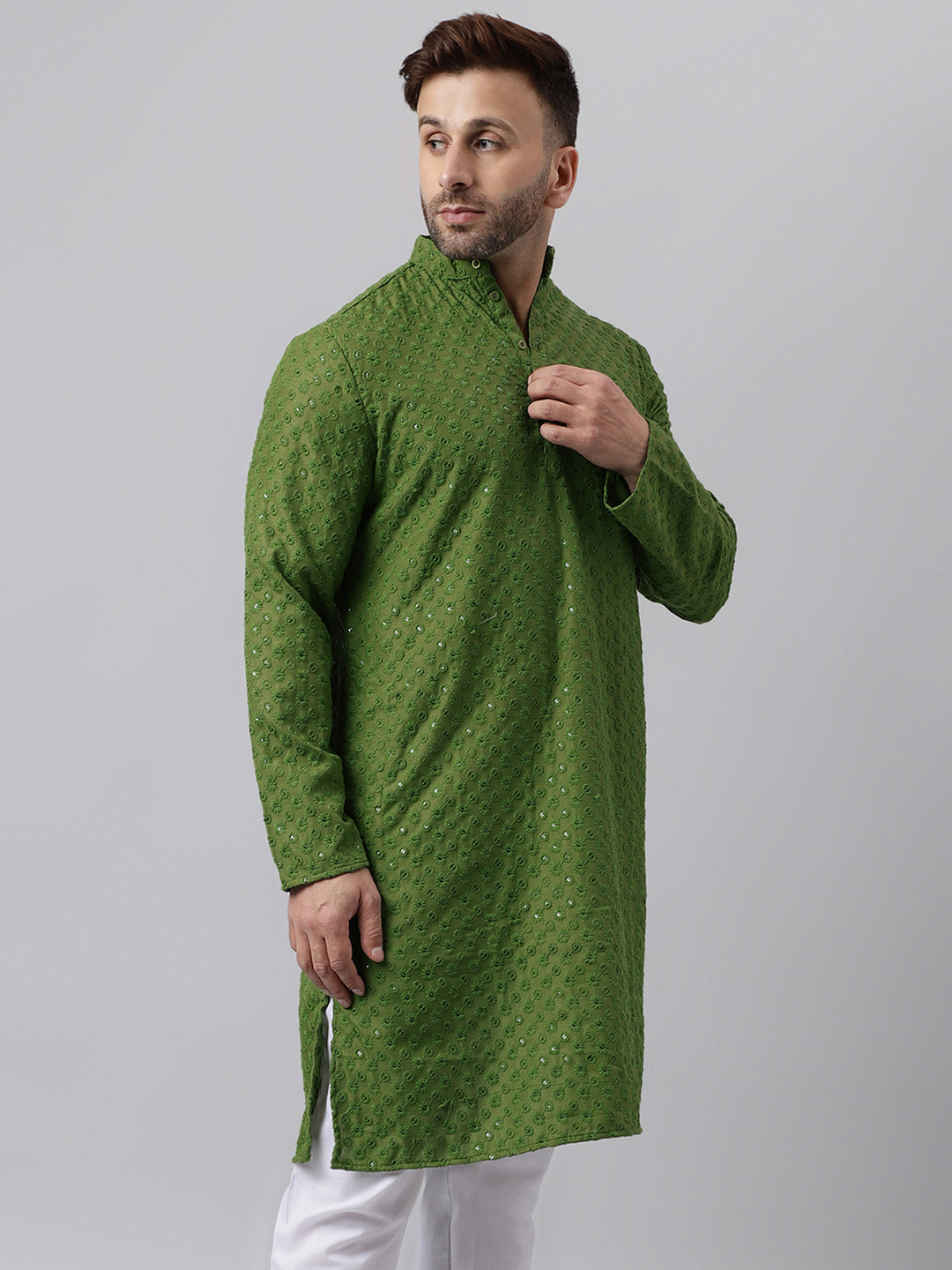 Hangup Men's Ethnic Embroidered Mehandi Green Kurta