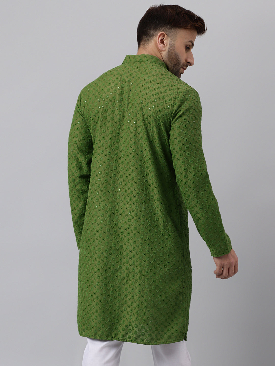 Hangup Men's Ethnic Embroidered Mehandi Green Kurta