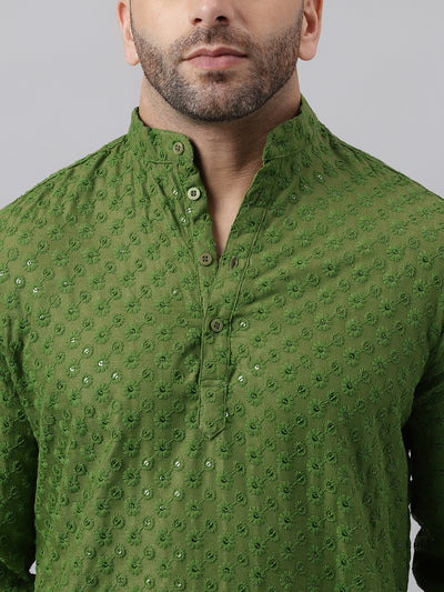 Hangup Men's Ethnic Embroidered Mehandi Green Kurta