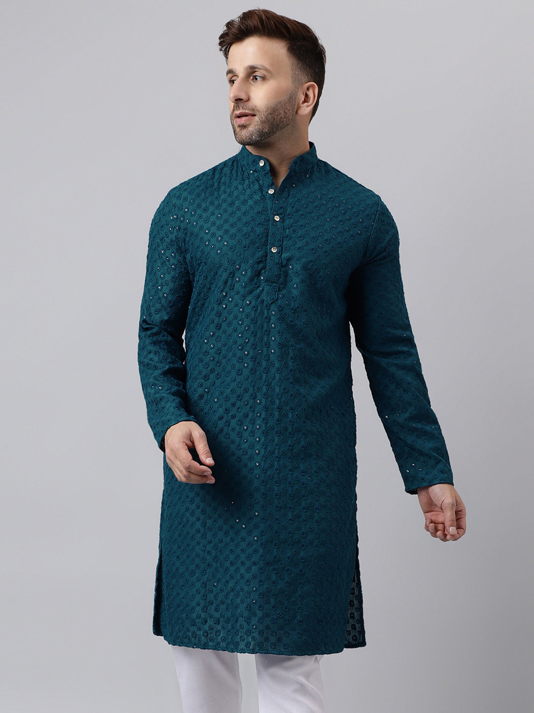 Hangup Men's Ethnic Embroidered Green Kurta