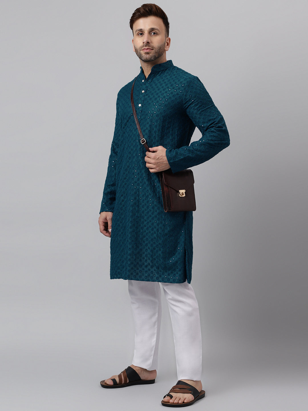 Hangup Men's Ethnic Embroidered Green Kurta