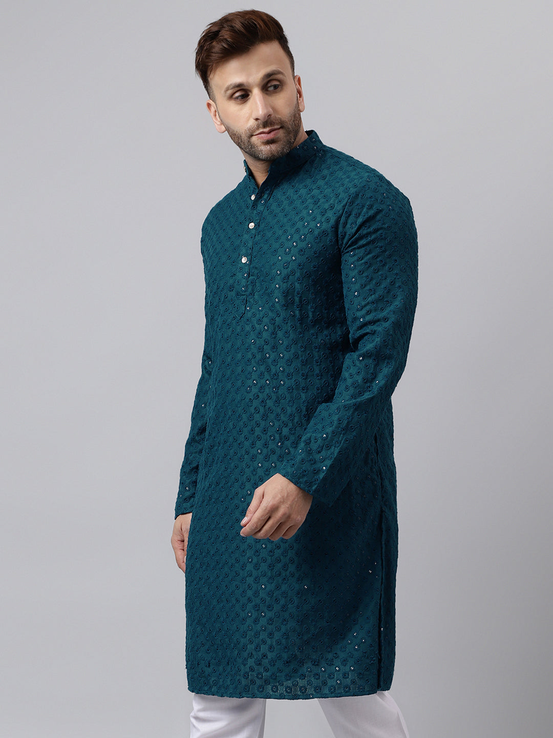 Hangup Men's Ethnic Embroidered Green Kurta