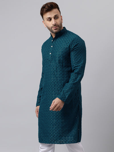 Hangup Men's Ethnic Embroidered Green Kurta