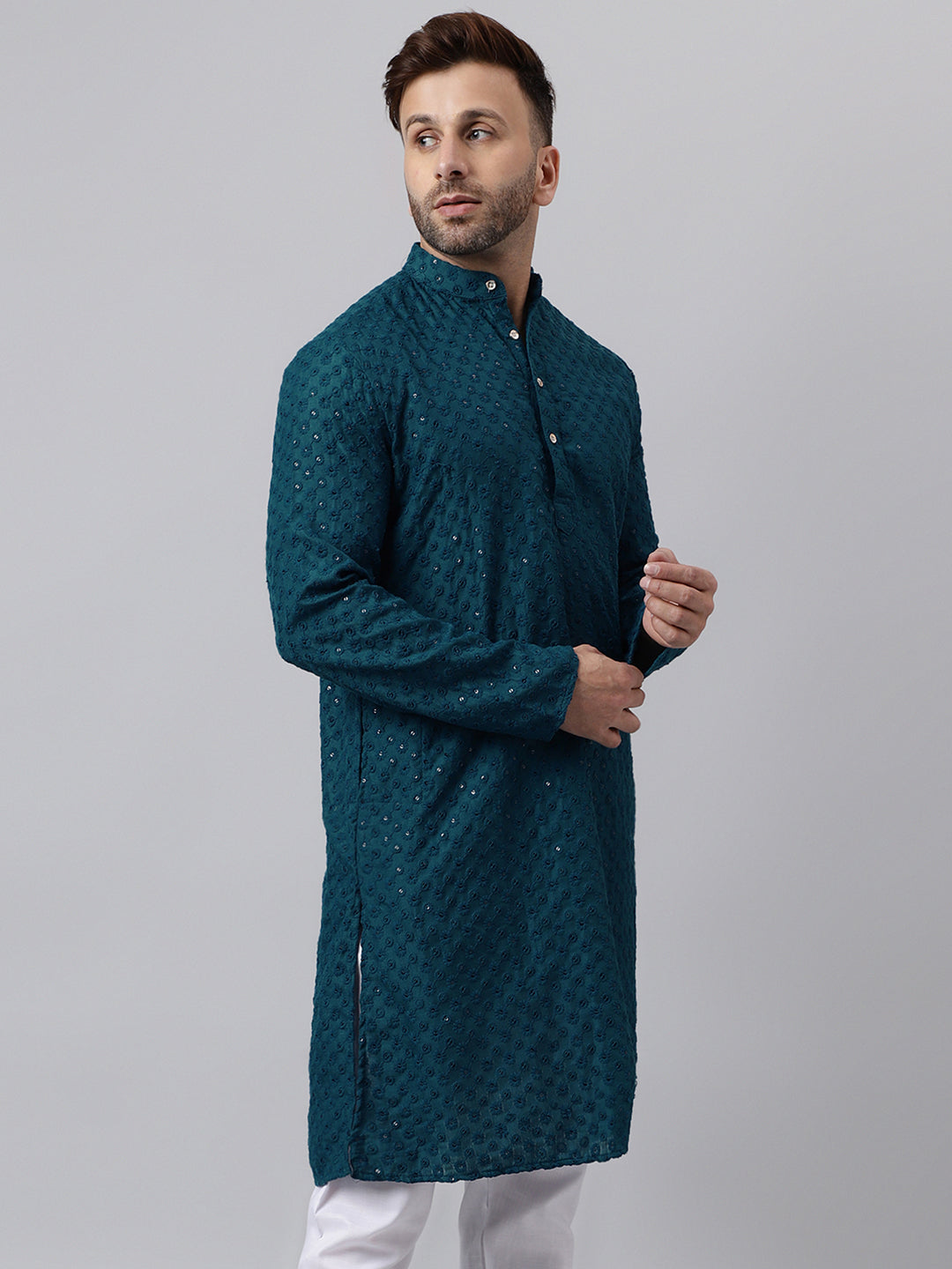 Hangup Men's Ethnic Embroidered Green Kurta