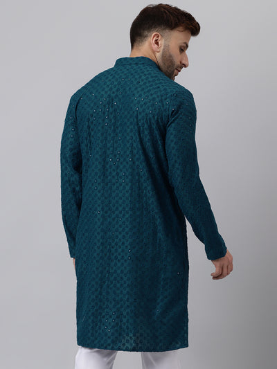 Hangup Men's Ethnic Embroidered Green Kurta