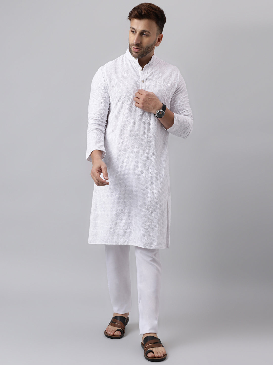 Hangup Men's Ethnic Embroidered White Kurta