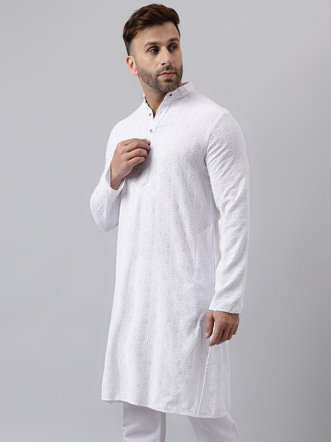 Hangup Men's Ethnic Embroidered White Kurta