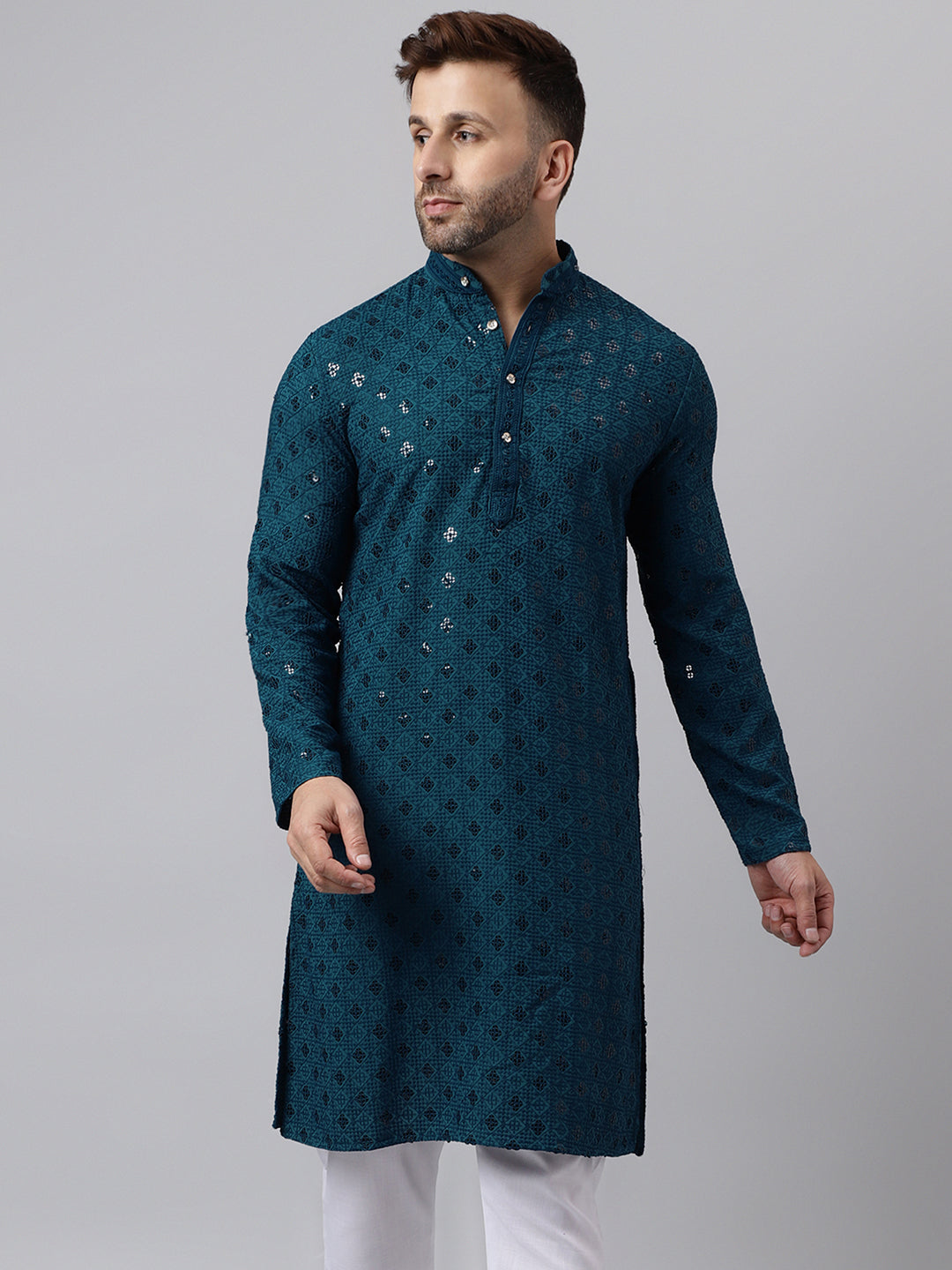 Hangup Men's Ethnic Embroidered Green Kurta