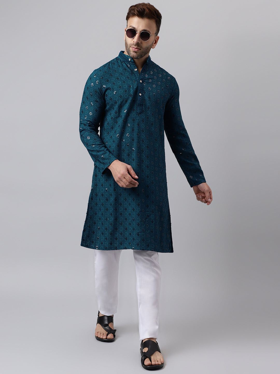 Hangup Men's Ethnic Embroidered Green Kurta