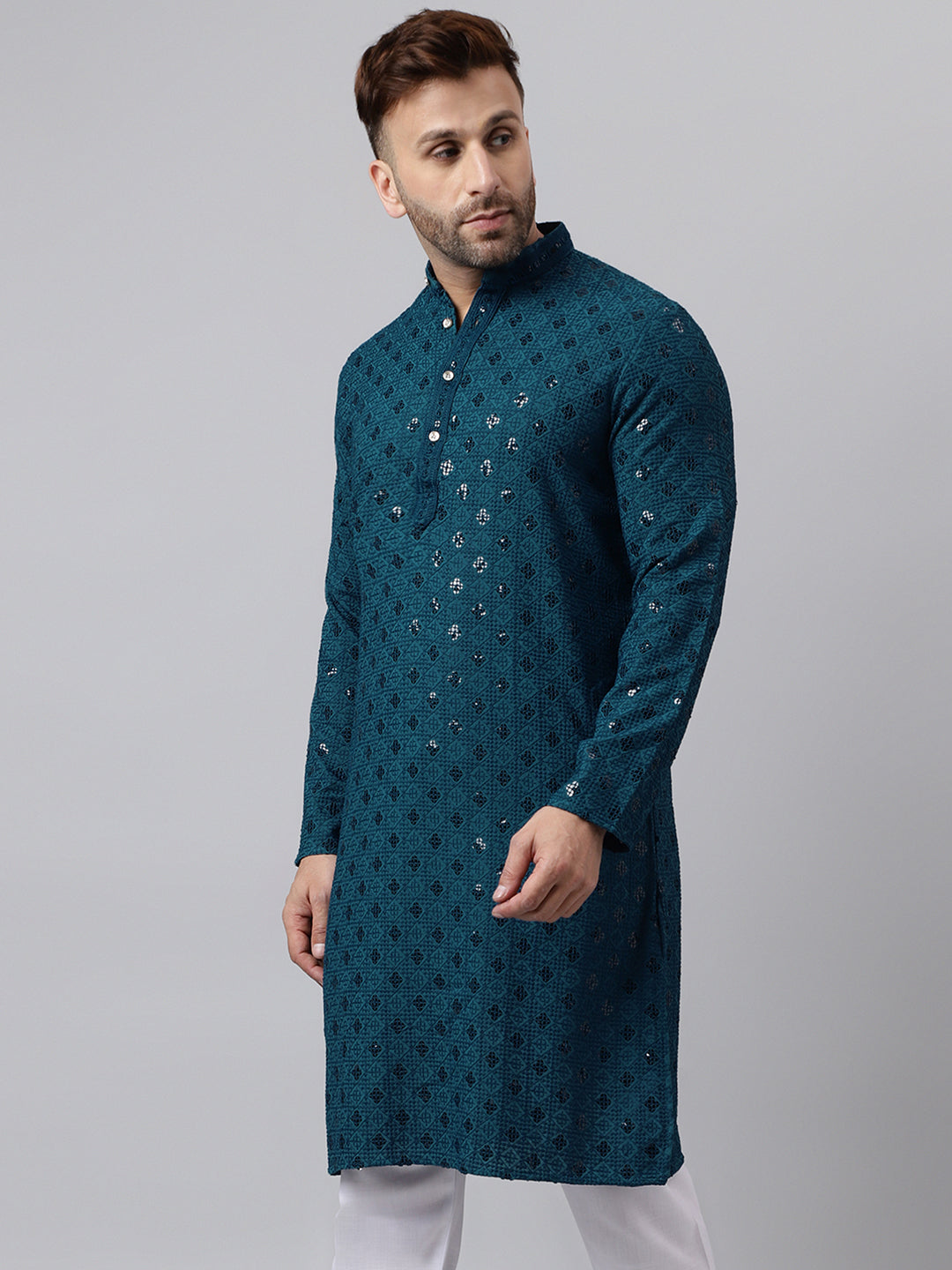 Hangup Men's Ethnic Embroidered Green Kurta