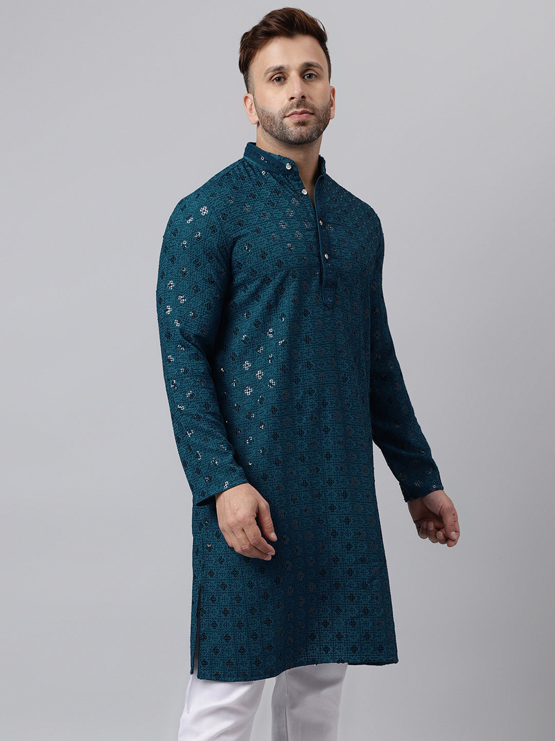 Hangup Men's Ethnic Embroidered Green Kurta