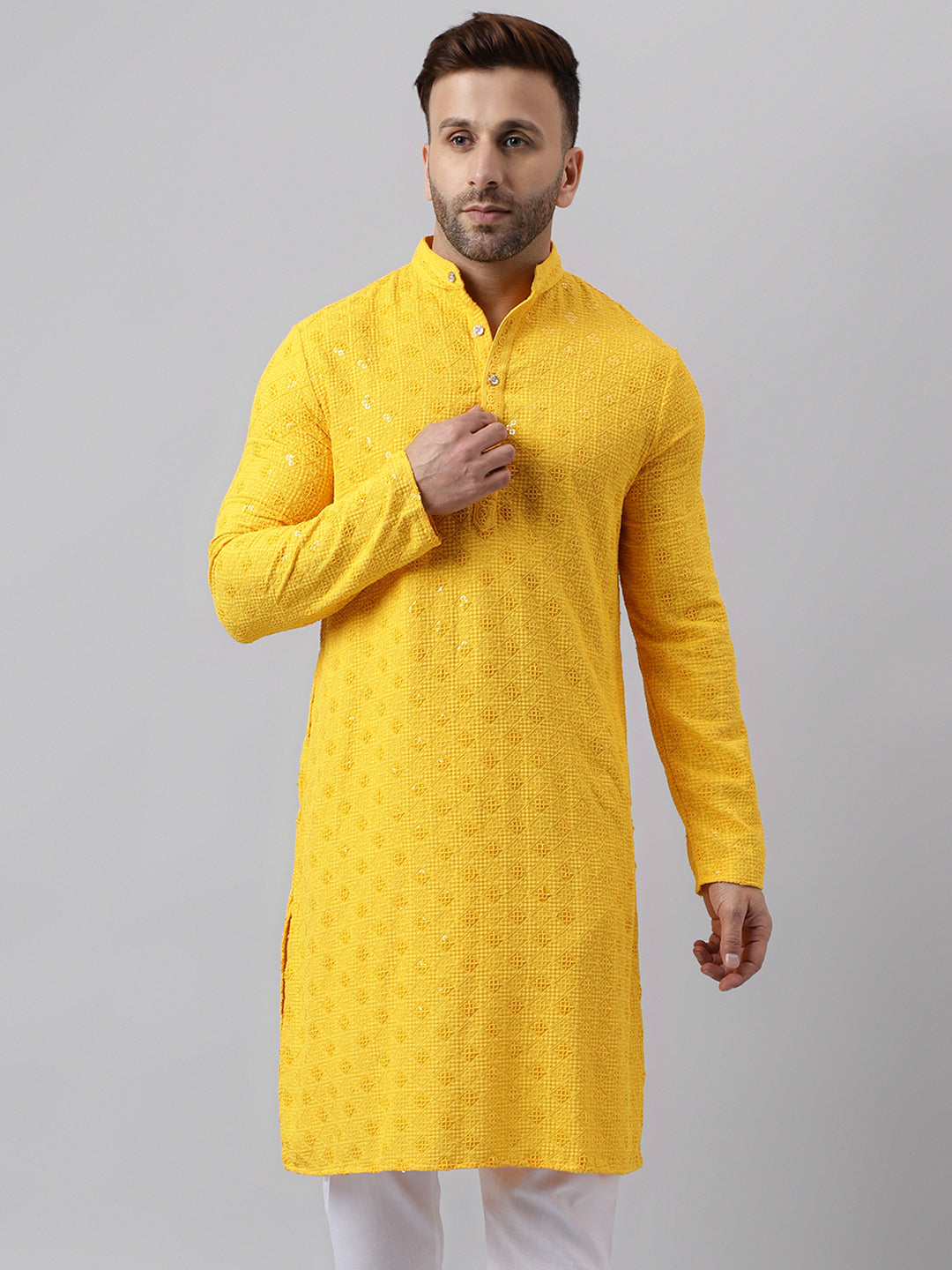 Hangup Men's Ethnic Embroidered Yellow Kurta