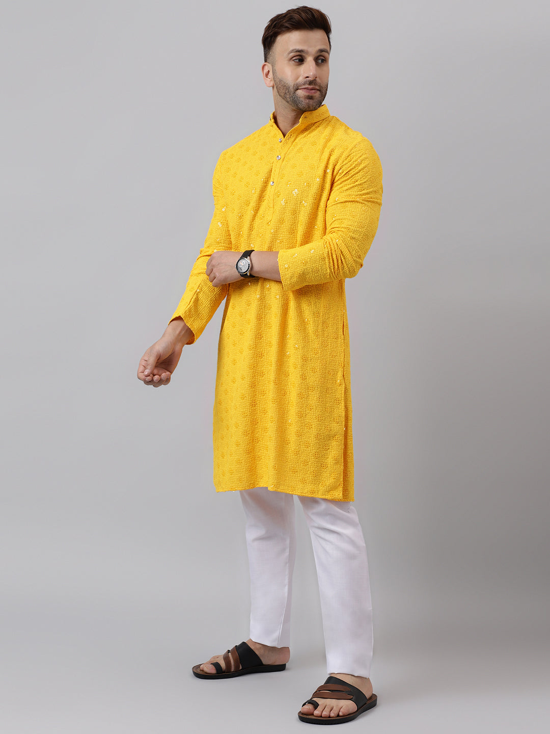 Hangup Men's Ethnic Embroidered Yellow Kurta