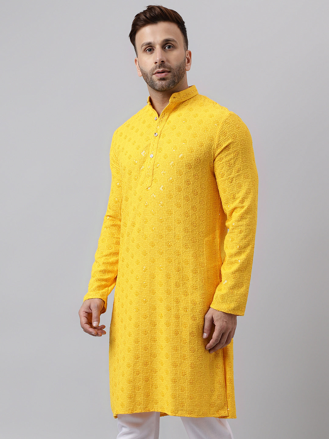 Hangup Men's Ethnic Embroidered Yellow Kurta